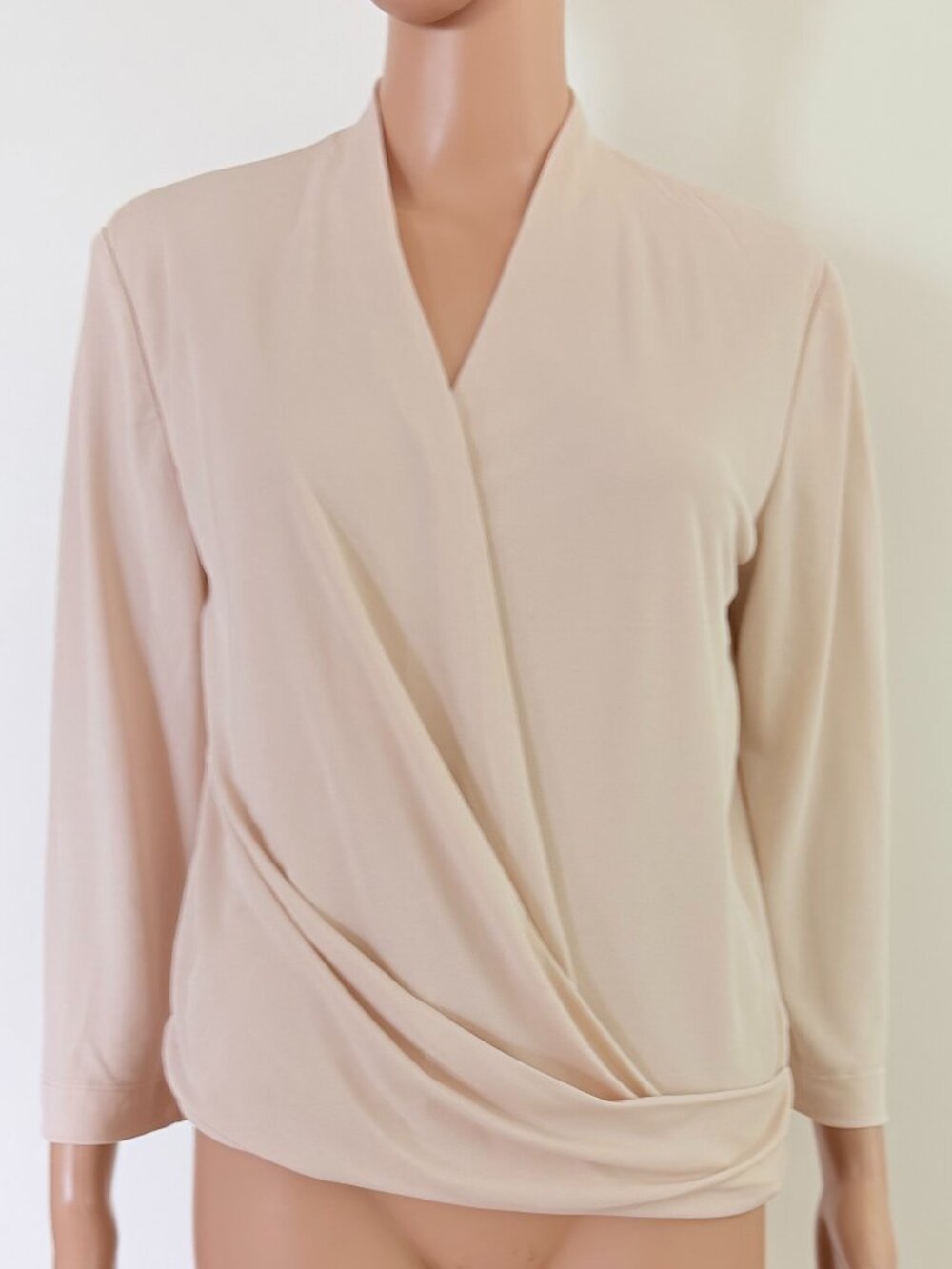 MM. LaFleur Deneuve Italian Knit Crepe Faux Wrap Top Workwear Beige Women’s Sz S